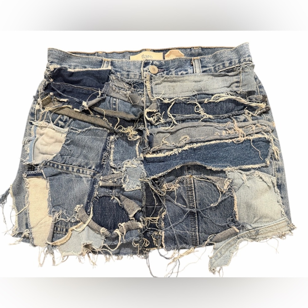 Deconstructed Upcycled Patchwork Denim Mini Skirt… - image 1